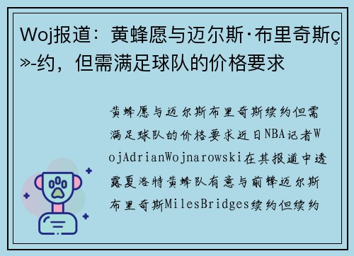 Woj报道：黄蜂愿与迈尔斯·布里奇斯续约，但需满足球队的价格要求